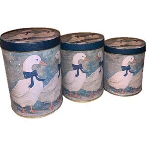 Vintage 90s 80s Geese Blue Bows Winter Snow Tin Canisters Set of 3 Cottagecore